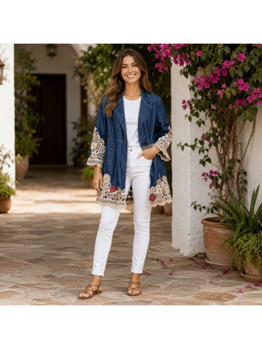 Chico's Boho Dark Wash Blue Denim Jacket Size 1/Medium Heavy Lace Embellishment
